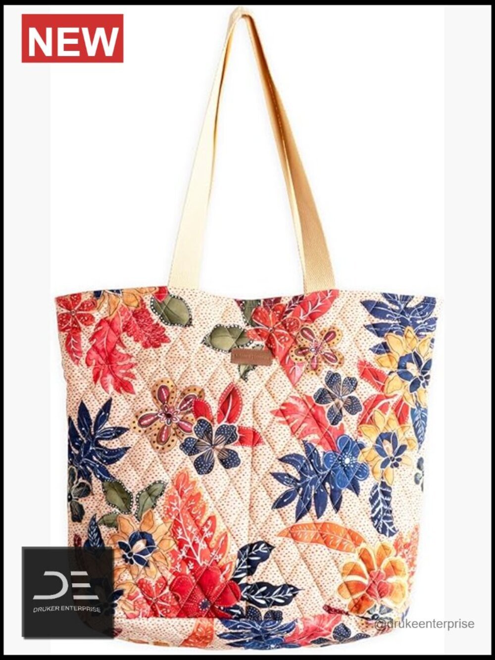 Quilted Cotton Shopping Tote with Zipper Pockets and Pouch